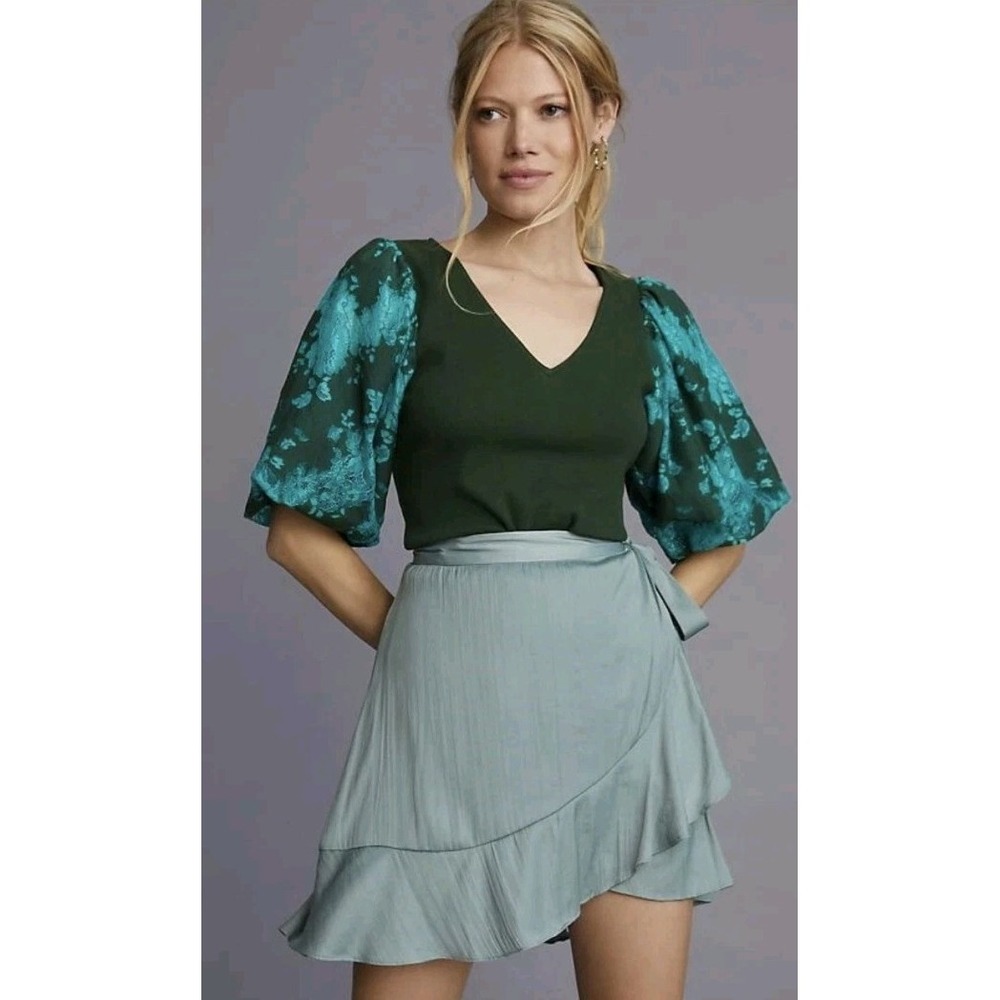 Anthropologie DOLAN Lace Puff-Sleeve Top Womans Green Sz‎ XS Shirt Blouse
